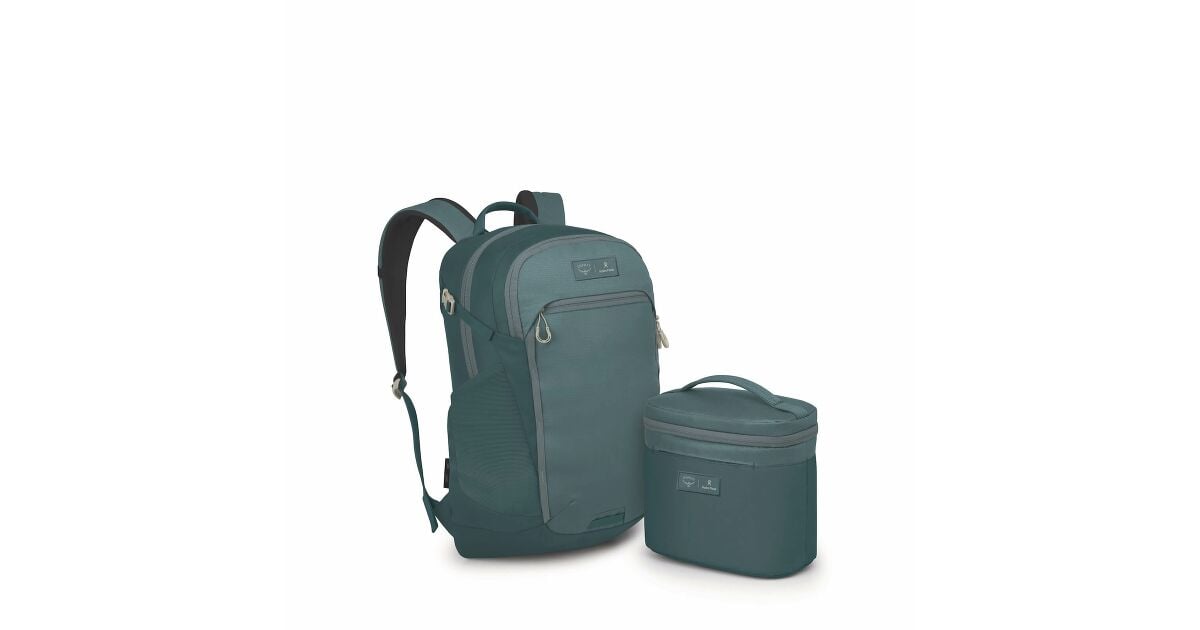 Teal backpack and matching insulated lunch bag set on white background