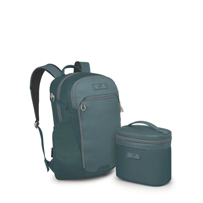 Dark teal backpack with matching insulated lunch bag, both featuring multiple compartments and handles