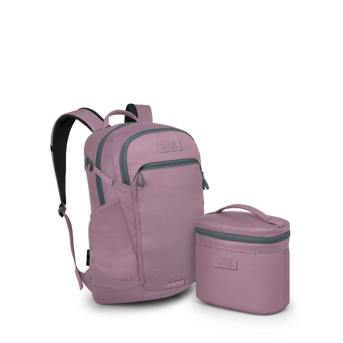 Pink backpack with matching insulated lunch bag, both featuring gray zippers and trim accents