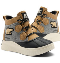 High-top winter boot with grey felt upper, tan leather accents, black rubber toe, and polar bear patches