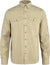 Light tan long-sleeve button-up shirt with dual chest pockets and roll-up sleeve tabs