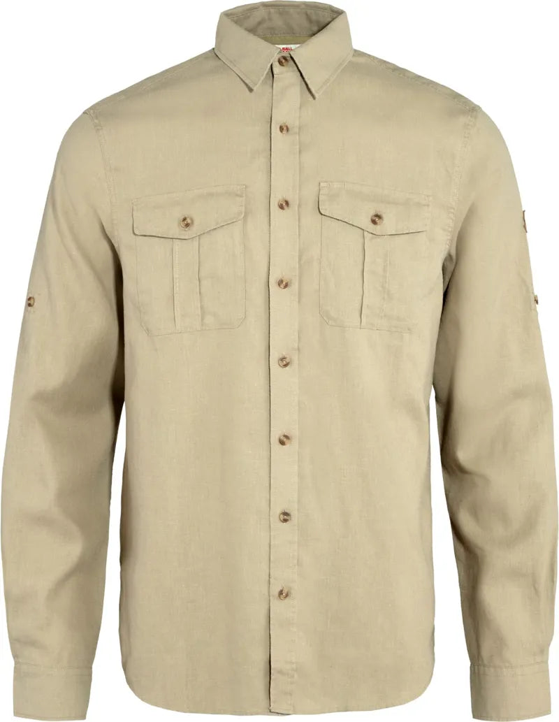 Light tan long-sleeve button-up shirt with dual chest pockets and roll-up sleeve tabs