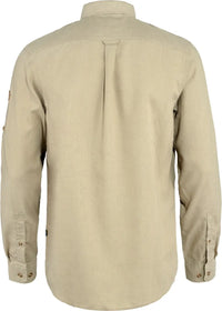 Light beige long-sleeve button-up shirt shown from back view with collar and cuffs visible