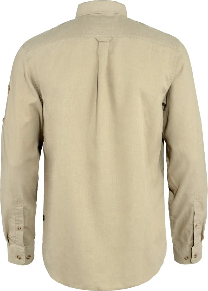 Light beige long-sleeve button-up shirt shown from back view with collar and cuffs visible