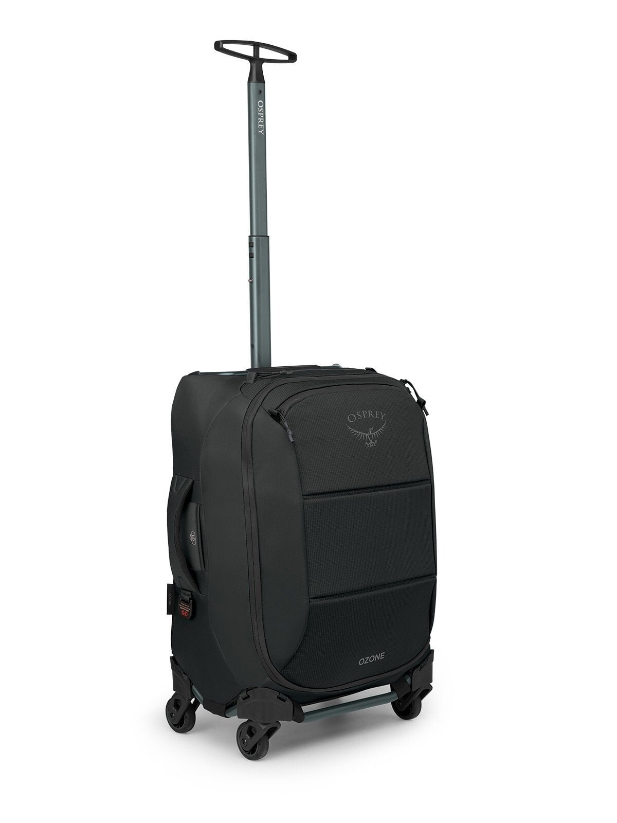 Carry-on rolling luggage with extended telescoping handle and four spinner wheels, side angle view