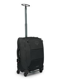 Carry-on rolling luggage with extended telescoping handle and four spinner wheels, side angle view