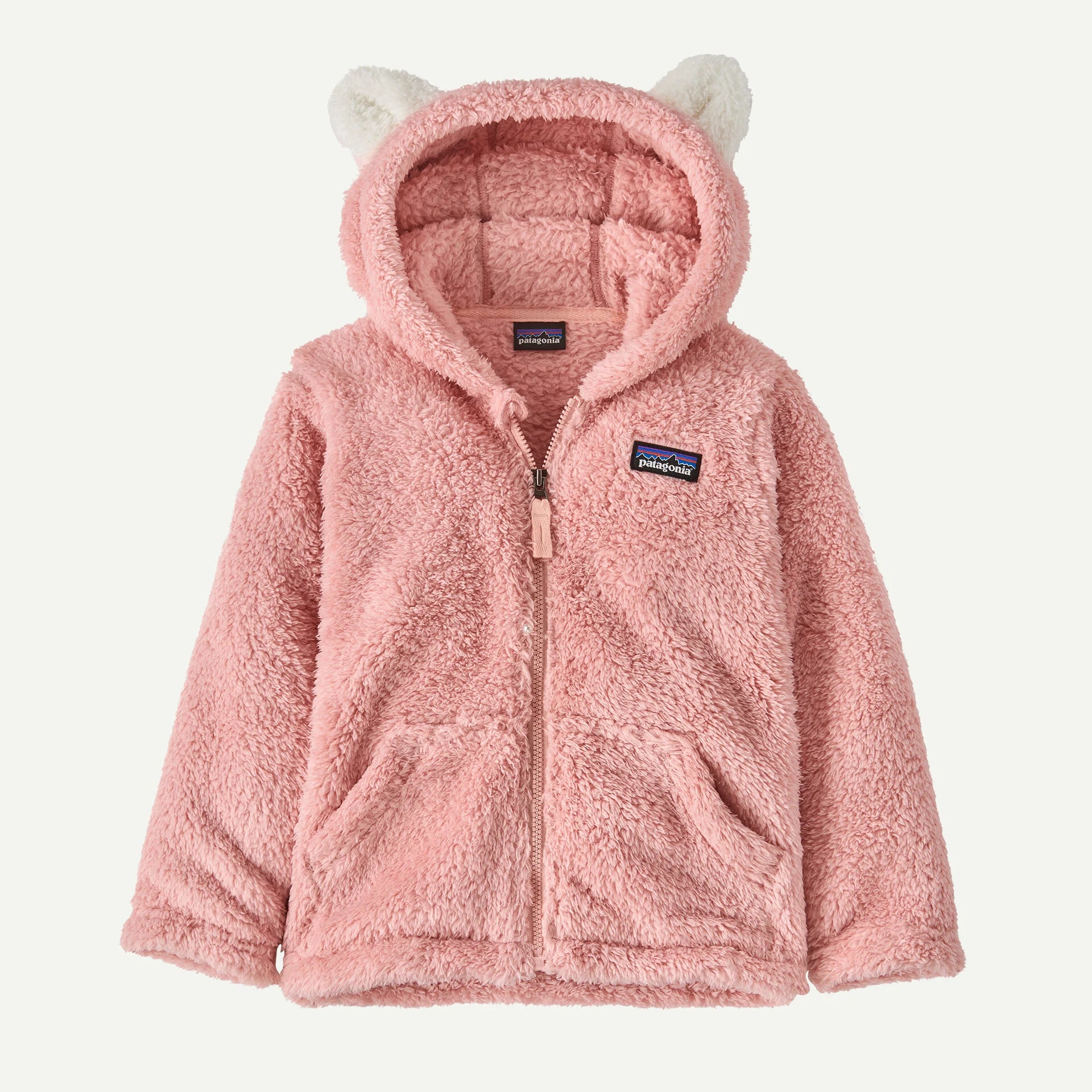 Pink sherpa fleece baby zip-up hoodie with animal ears on hood, front view