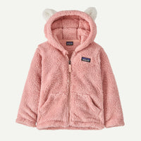 Pink sherpa fleece baby zip-up hoodie with animal ears on hood, front view