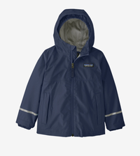 Navy blue hooded rain jacket with full zip and reflective stripes on sleeves