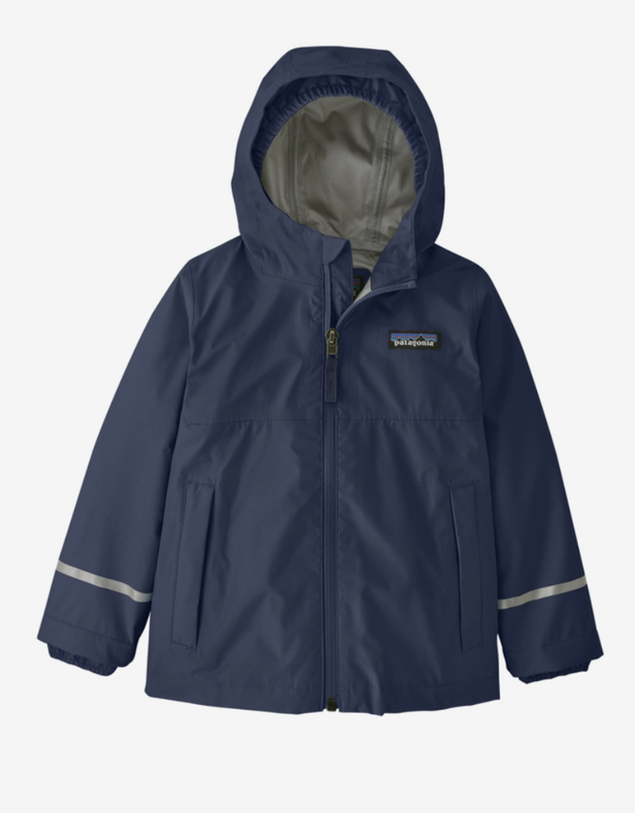 Navy blue hooded rain jacket with full zip and reflective stripes on sleeves