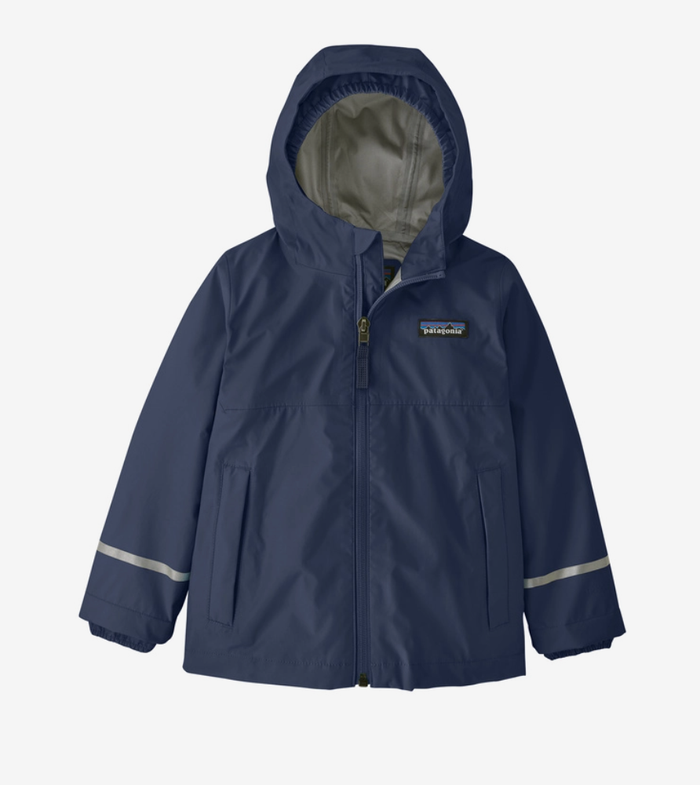Navy blue hooded rain jacket with full zip and reflective stripes on sleeves