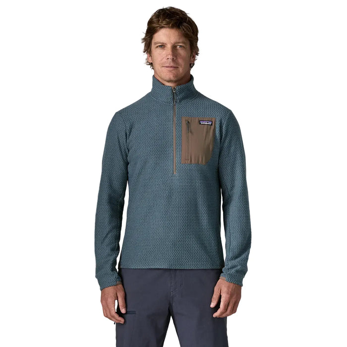 Men's quarter-zip fleece pullover with textured zigzag pattern and contrast chest pocket, front view