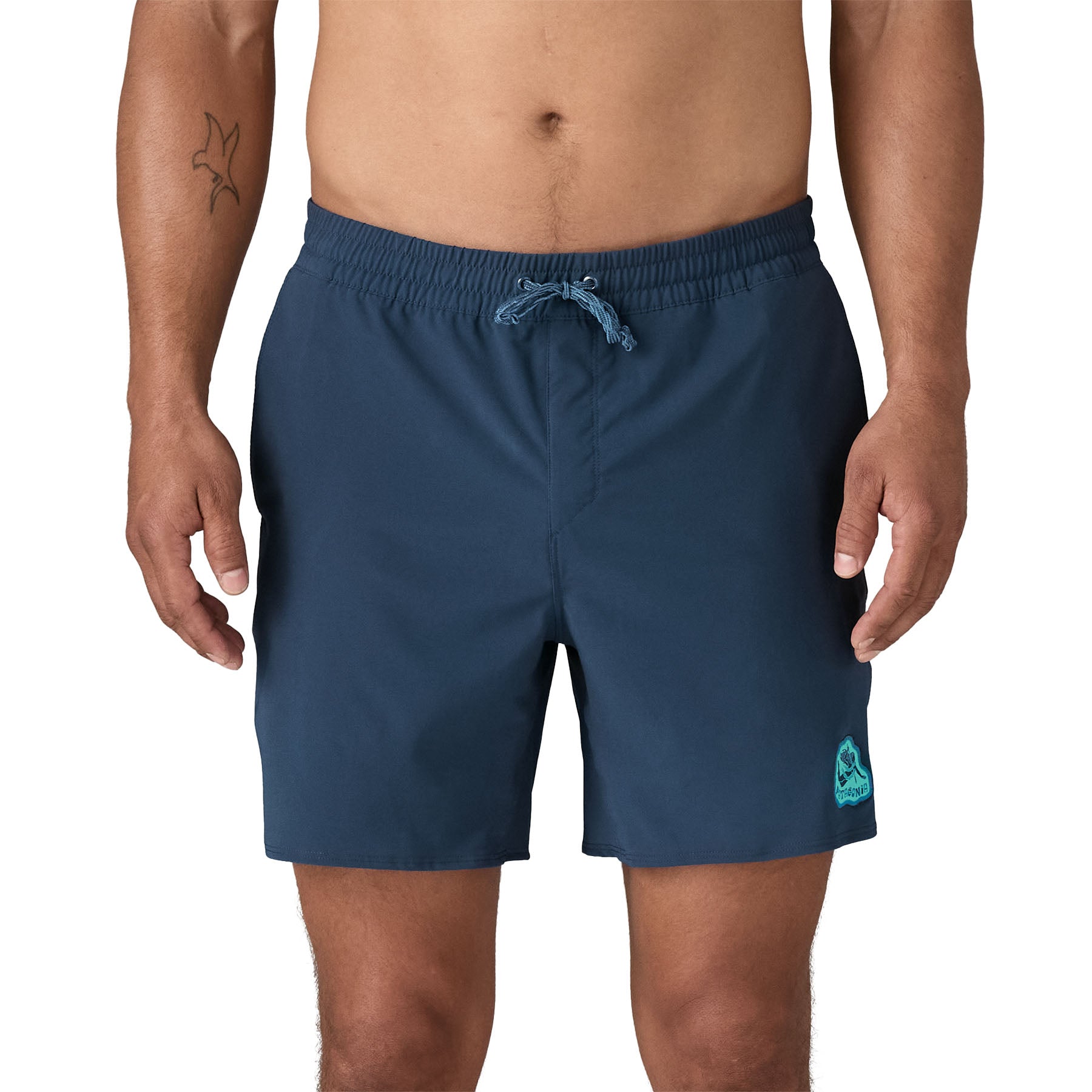 Navy blue swim shorts with elastic waistband and drawstring, modeled front view