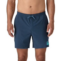 Navy blue swim shorts with elastic waistband and drawstring, modeled front view