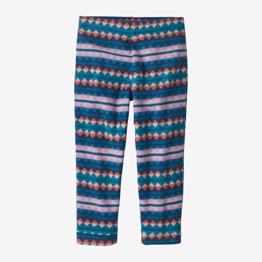 Fleece bottoms with geometric pattern featuring blue base, coral diamonds, and pink stripes