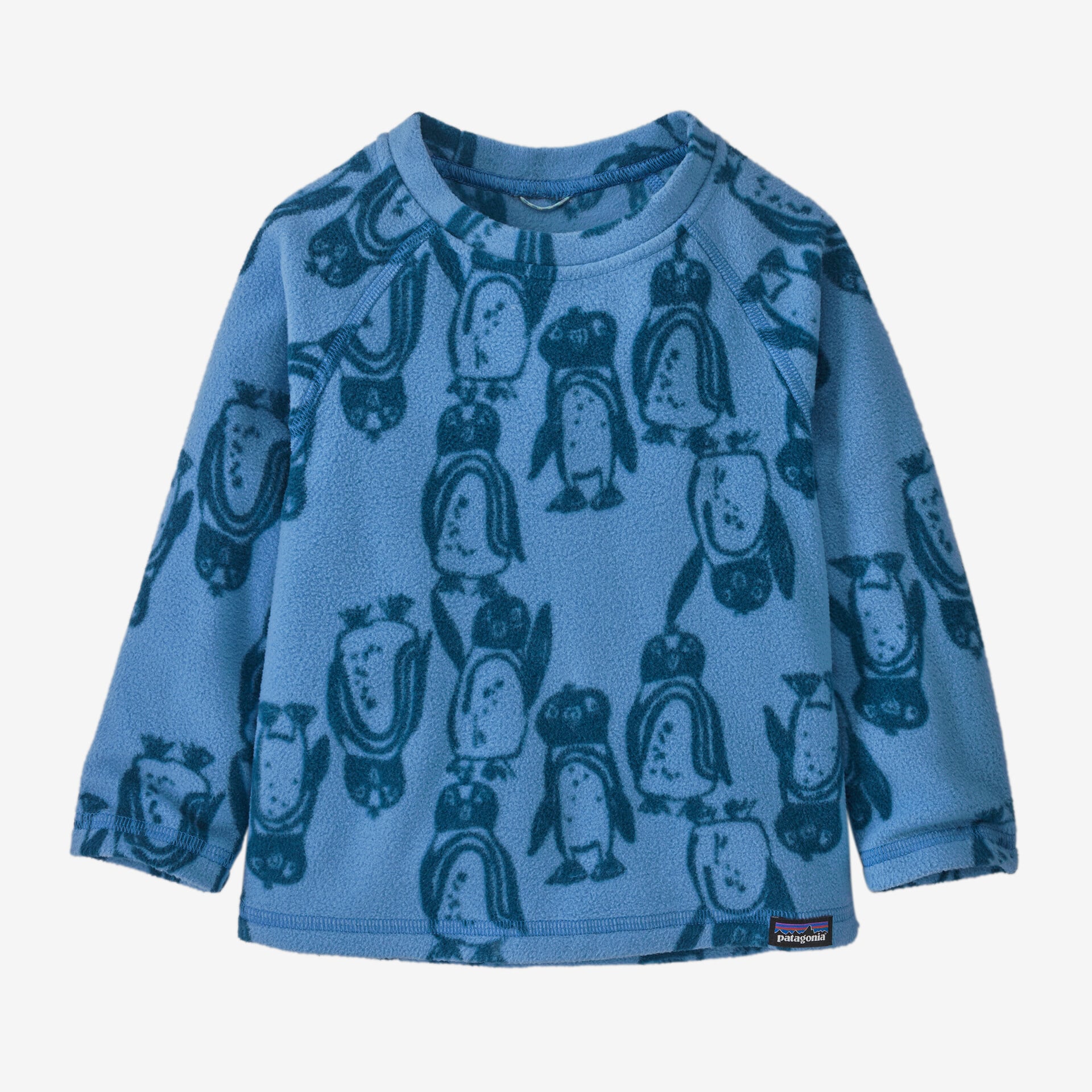 Blue fleece crew neck pullover with penguin print pattern, front view