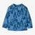 Blue fleece crew neck pullover with penguin print pattern, front view