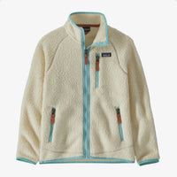 Kids' full-zip sherpa fleece jacket with teal trim, chest pocket, and two lower zip pockets, front view