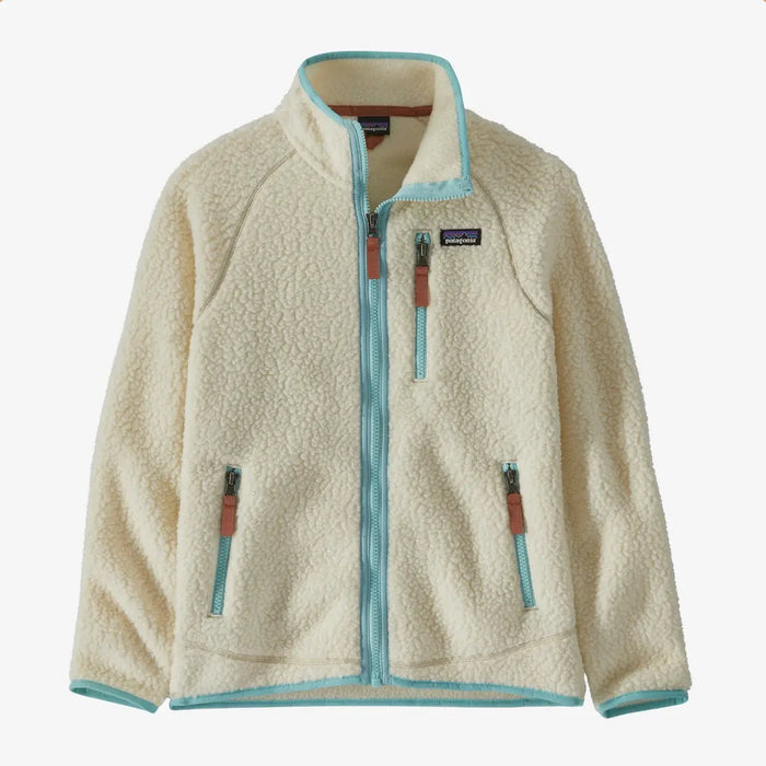 Kids' full-zip sherpa fleece jacket with teal trim, chest pocket, and two lower zip pockets, front view