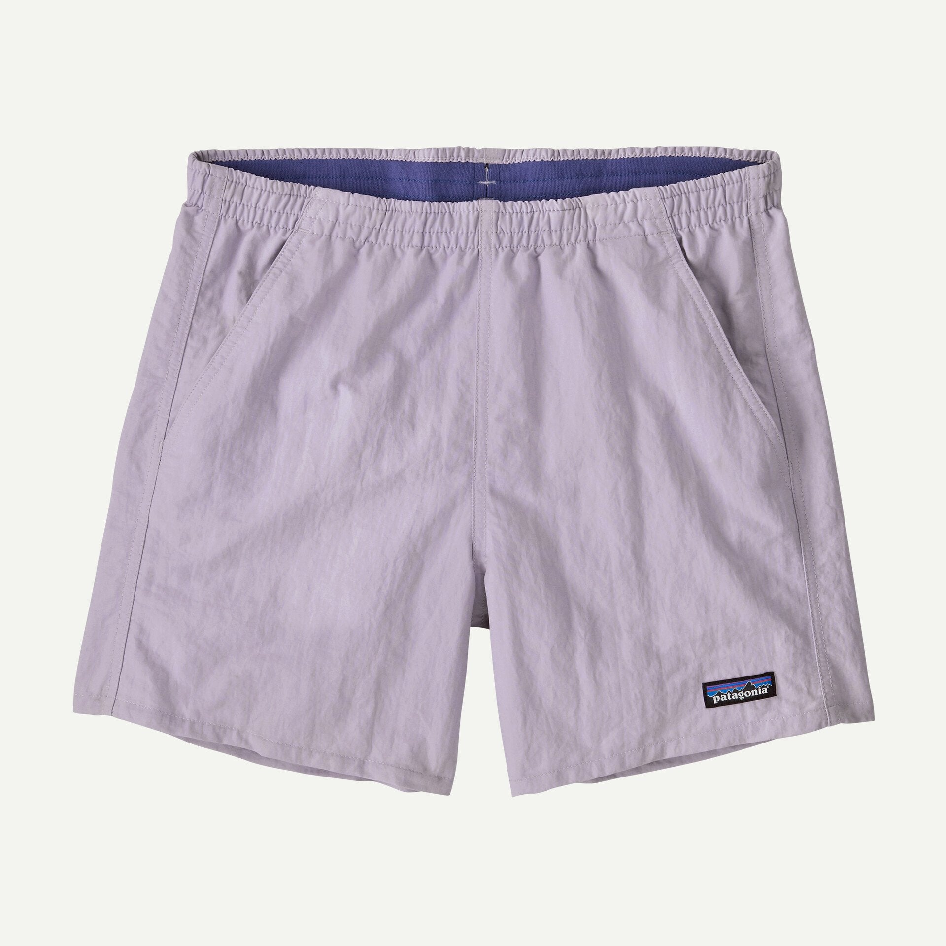 Light purple athletic shorts with elastic waistband and side pockets, front view