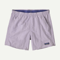 Light purple athletic shorts with elastic waistband and side pockets, front view