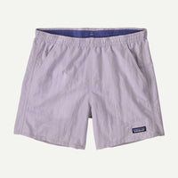 Light purple athletic shorts with elastic waistband and side pockets, front view