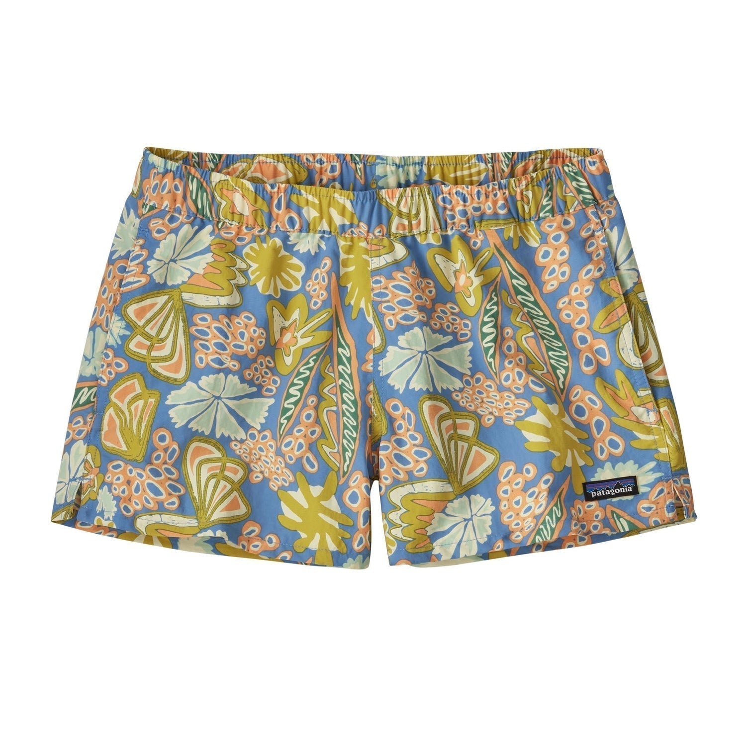 Women's athletic shorts with tropical floral pattern in blue, orange, and green colors