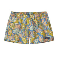 Women's athletic shorts with tropical floral pattern in blue, orange, and green colors