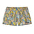 Women's athletic shorts with tropical floral pattern in blue, orange, and green colors