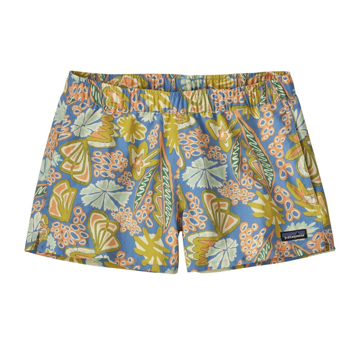 Women's athletic shorts with tropical floral pattern in blue, orange, and green colors