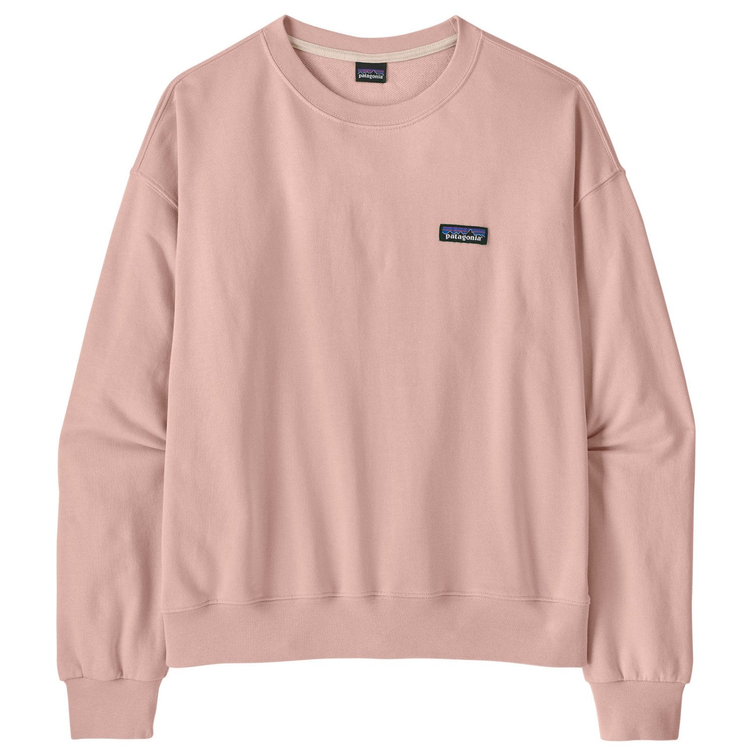 Soft pink crewneck sweatshirt with ribbed cuffs and hem, small logo patch on chest