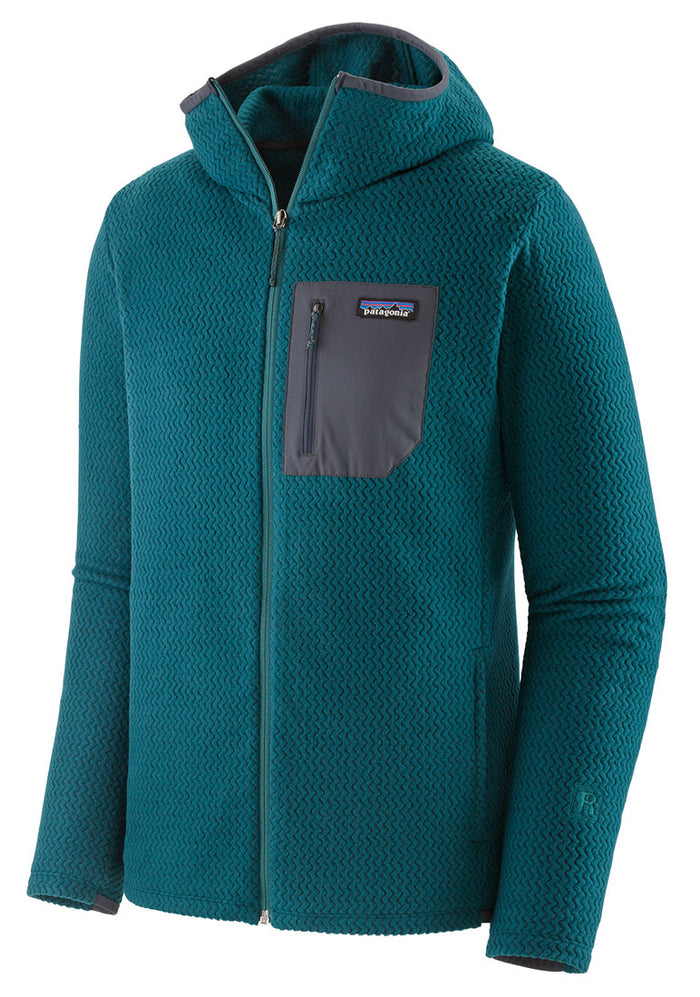 Teal full-zip hooded fleece jacket with textured fabric, chest pocket, and hood, front view