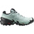 Women's trail running shoe in mint green and black with aggressive lug outsole, lateral view