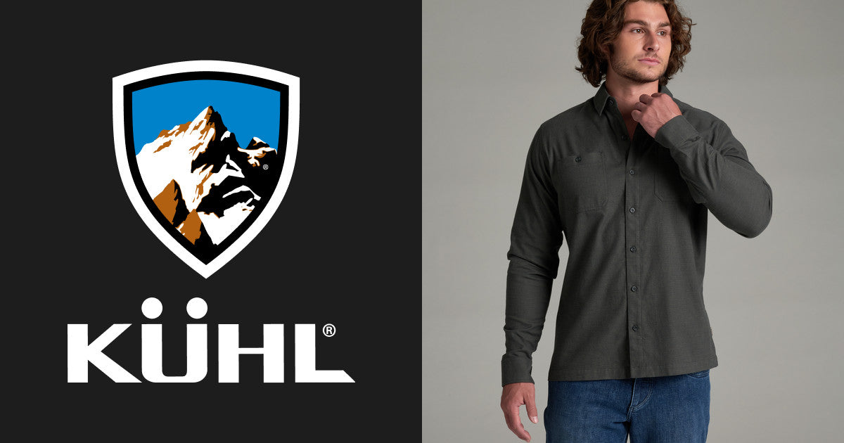 Men's long-sleeve button-up shirt in dark charcoal, front view on model