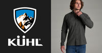 Men's long-sleeve button-up shirt in dark charcoal, front view on model