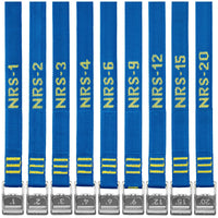 Set of nine blue nylon tie-down straps with metal buckles in various lengths, front view
