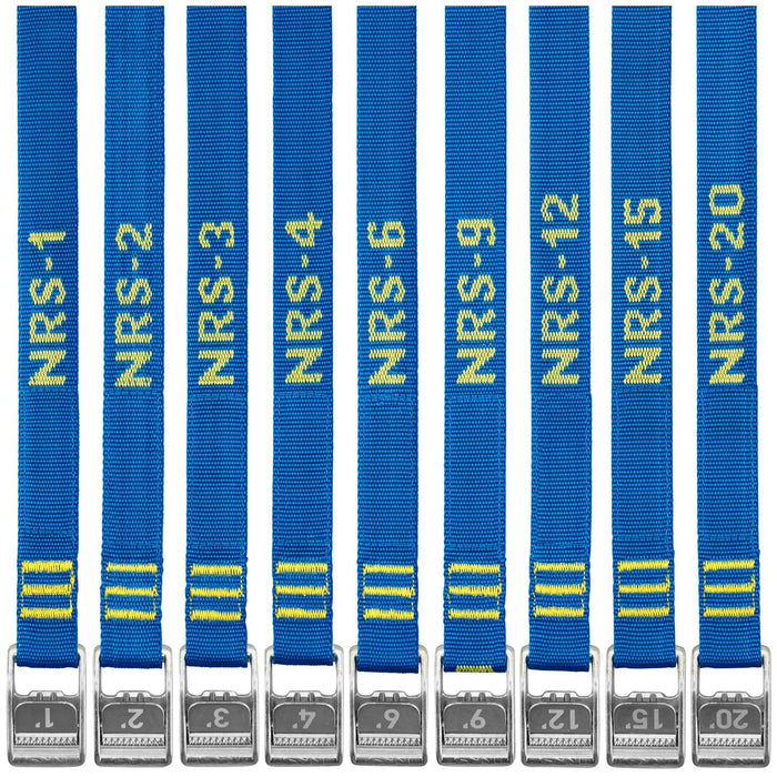 Set of nine blue nylon tie-down straps with metal buckles in various lengths, front view
