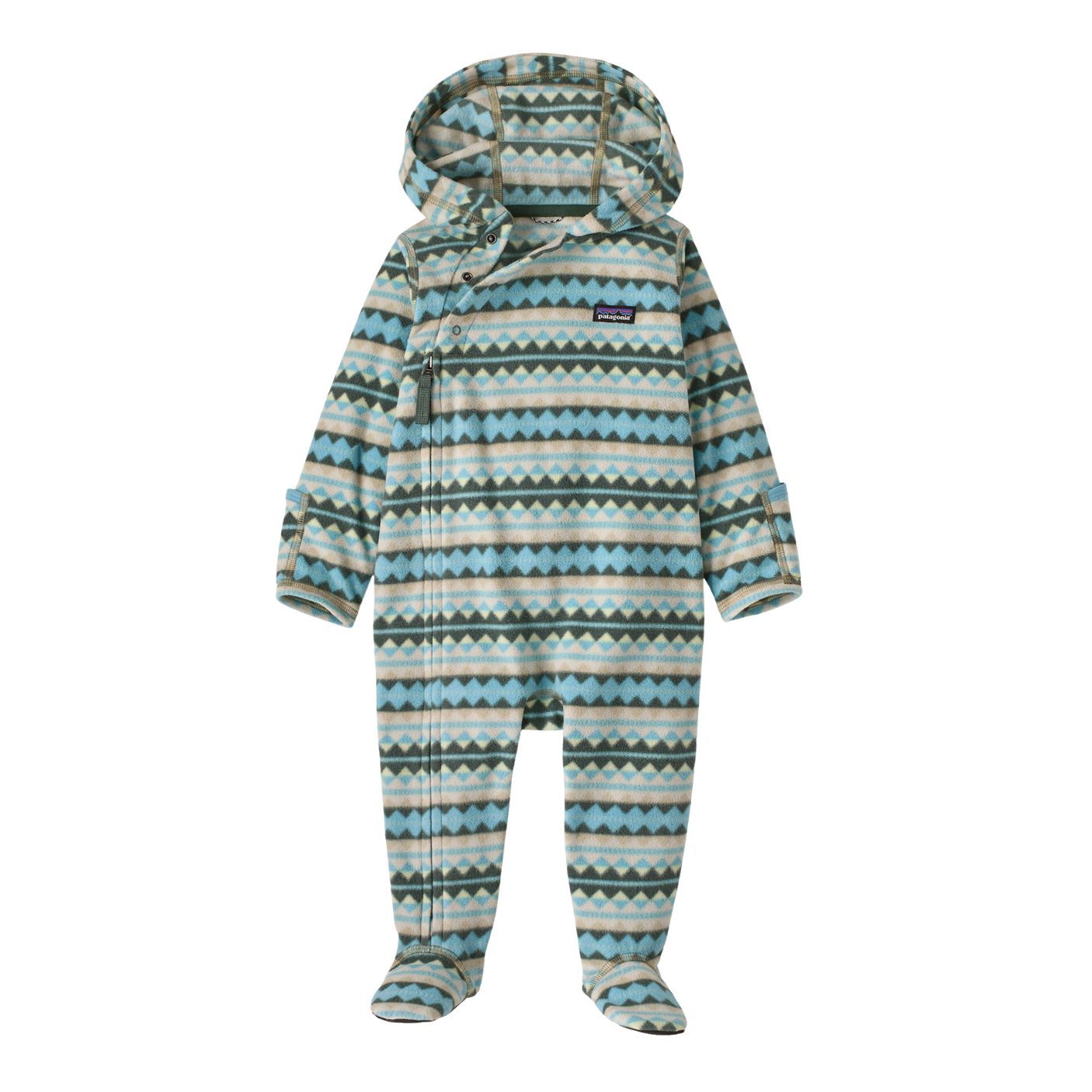 Infant hooded fleece bunting with geometric diamond stripe pattern, footed, front view