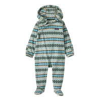 Infant hooded fleece bunting with geometric diamond stripe pattern, footed, front view