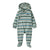 Infant hooded fleece bunting with geometric diamond stripe pattern, footed, front view