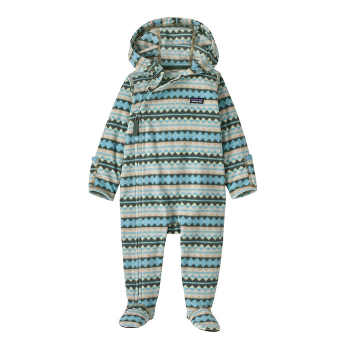 Infant hooded fleece bunting with geometric diamond stripe pattern, footed, front view