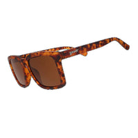 Tortoiseshell patterned sunglasses with brown lenses shown at three-quarter angle