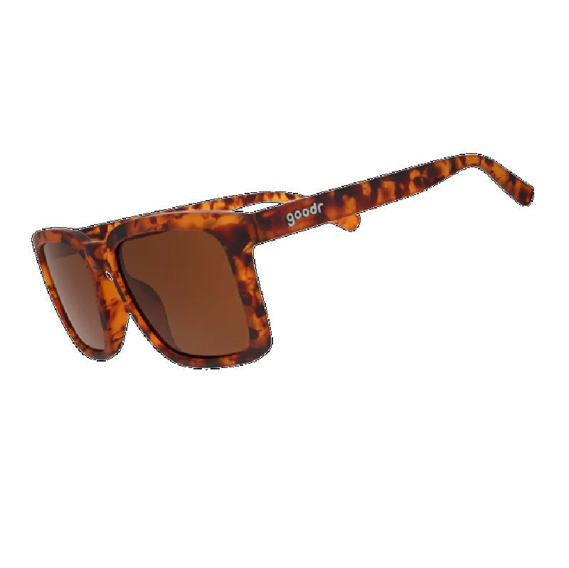 Tortoiseshell patterned sunglasses with brown lenses shown at three-quarter angle