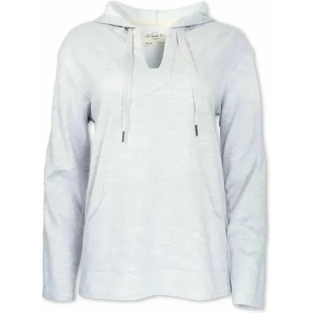 Light grey fleece pullover with hood and front pocket, displayed on white background