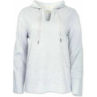 Light grey fleece pullover with hood and front pocket, displayed on white background