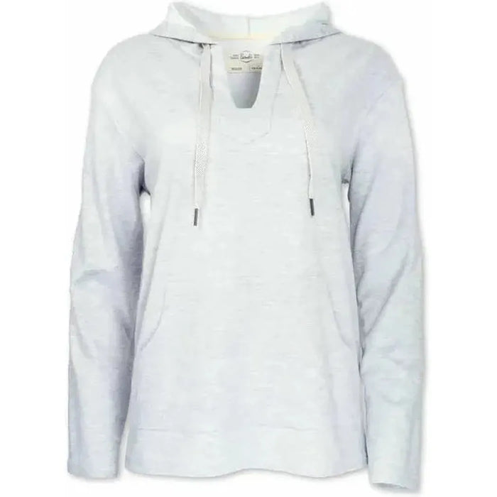 Light grey fleece pullover with hood and front pocket, displayed on white background