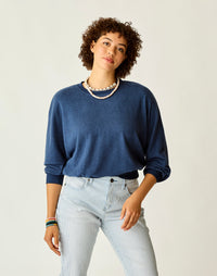 Women's relaxed navy heather crewneck sweater with 3/4 sleeves, front on-model view