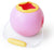Pink and yellow bucket toy with carrying strap on white background