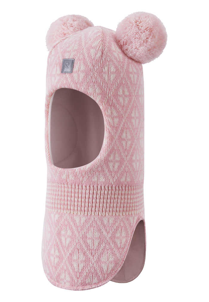 Pink knitted balaclava with two fluffy pom-poms on top, full face coverage