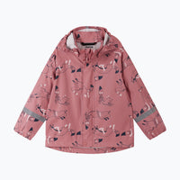 Children's pink rain jacket with fox print pattern, hood, and reflective sleeve strips, front view